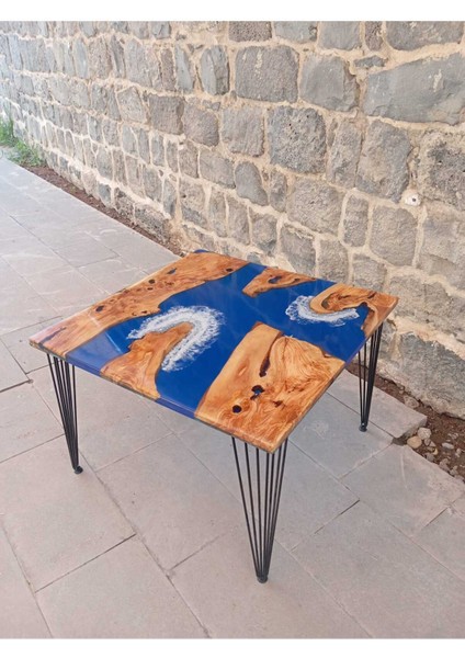 Zeytin Ağacından El Yapımı Ahşap Epoksi Tekli Kare Sehpa -78*78 cm - Yükseklik 52 cm modelleri