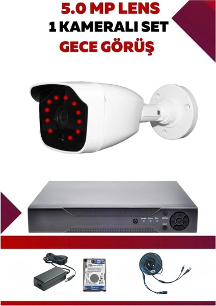 1 Kameralı Hd Set - 5mp Sony Lensli Full Hd Gece Görüşlü Güvenlik Kamerası Sistemi
