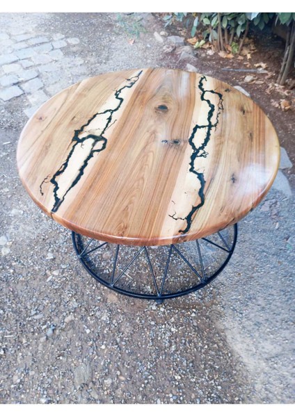 Ceviz Ağacından El Yapımı Ahşap Yakma Işlemli Tekli Yuvarlak Sehpa - 74*44 cm