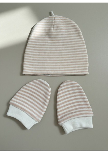 %100 Pamuklu Şapka - Eldiven Seti - Pembe Çizgili