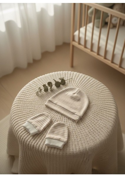 %100 Pamuklu Şapka - Eldiven Seti - Pembe Çizgili modelleri