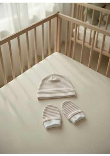 %100 Pamuklu Şapka - Eldiven Seti - Pembe Çizgili fırsatları