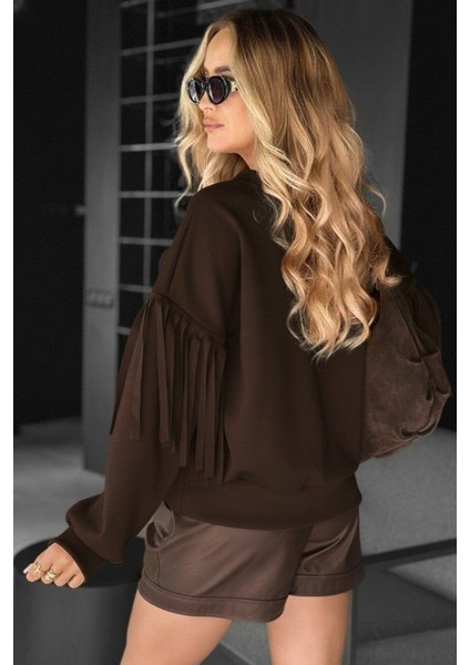 Kadın Uzun Kollu Bisiklet Yaka Kolları Püsküllü Modal Bluz modelleri