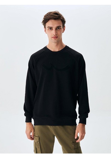 Uzun Kollu Sıgn Baskılı Sıfır Yaka Siyah Sweatshırt