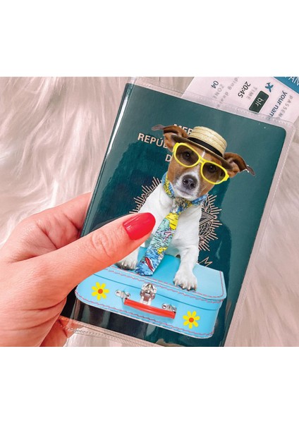 Tüm Ülke Pasaportları ile Uyumlu Şeffaf Pvc Baskılı Cepli Pasaport Kılıfı Kabı - Tatilci Köpek