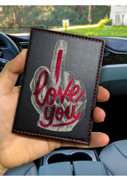 Ruhsat Kılıfı Deri Dikişli Desenli Oto Araba Motor Ruhsat Kabı Kılıfı I Love You