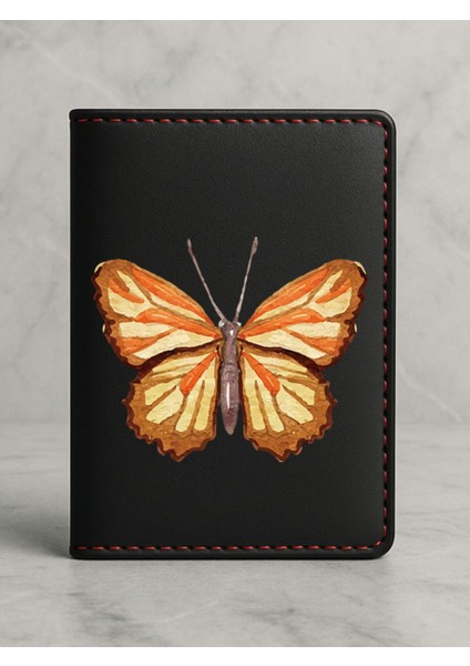 Ruhsat Koruyucu Baskılı Kart Bölmeli Siyah Vinlex Deri Ruhsat Kabı Kılıfı Kelebek Tuval