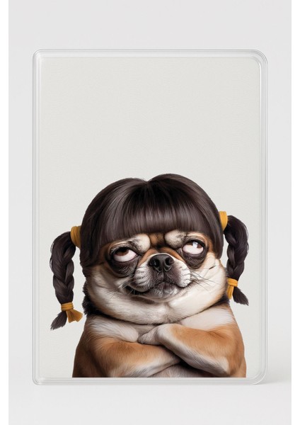 Şeffaf Pasaport Kılıfı Kalın Mikron Kart Bölmeli Desenli Pasaport Kabı - Çirkin Pug