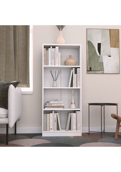 Modern Çok Renkli Kitaplık – Minimalist 4 Raflı Depolama Ünitesi (Beyaz / Sonomo / Atlantik Çam)