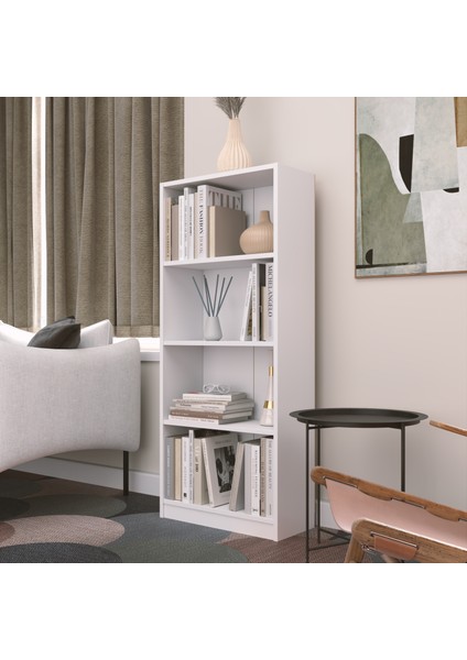 Modern Çok Renkli Kitaplık – Minimalist 4 Raflı Depolama Ünitesi (Beyaz / Sonomo / Atlantik Çam) modelleri
