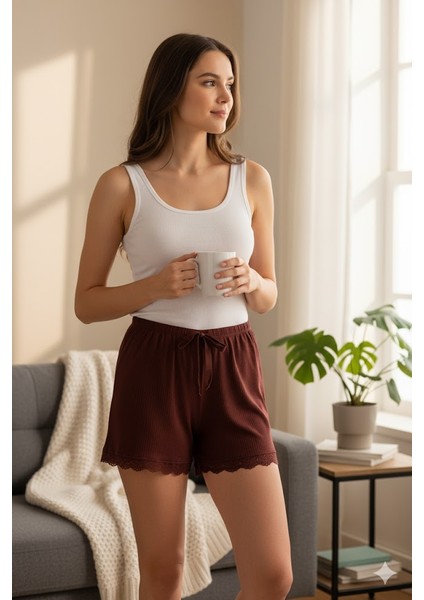 Bambu Fitilli Kadın Ev Şortu Bacak Dantel Detaylı Ev Giyim Koyu Taba modelleri