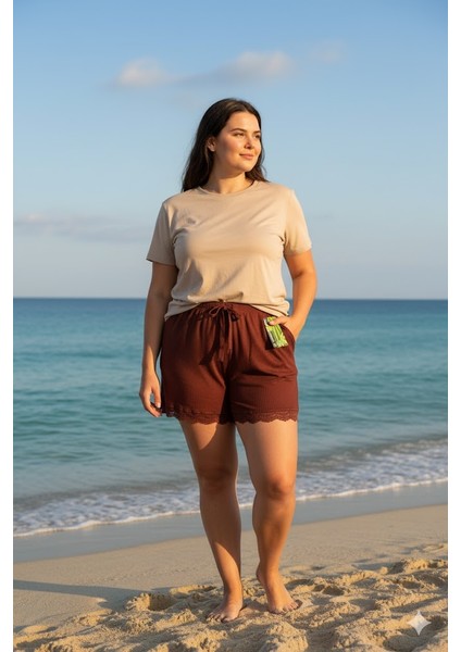 Bambu Fitilli Kadın Ev Şortu Bacak Dantel Detaylı Ev Giyim Koyu Taba fırsatları