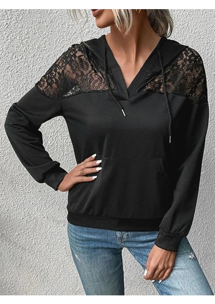 Kadın Uzun Kollu Kapşonlu Bağcıklı Dantelli Viskon Iki Iplik Bluz modelleri