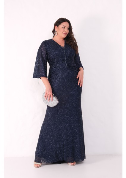 Kadın Lacivert V Yaka Boncuklu Büyük Beden Abiye Elbise fiyatları