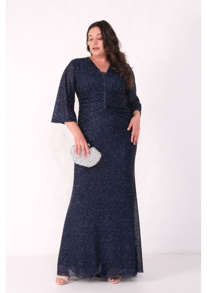 Kadın Lacivert V Yaka Boncuklu Büyük Beden Abiye Elbise modelleri