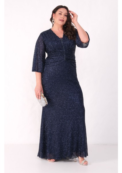 Kadın Lacivert V Yaka Boncuklu Büyük Beden Abiye Elbise fırsatları