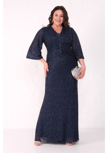 Kadın Lacivert V Yaka Boncuklu Büyük Beden Abiye Elbise indirimleri