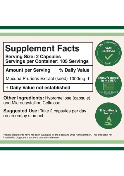 Mucuna Puriens Extract 1000MG 210 Veg. Kapsül.usa Vers. modelleri