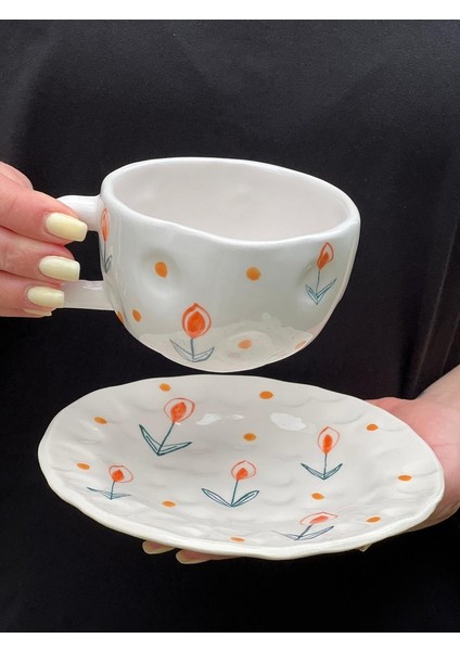 Şekilsiz 300ML Turuncu Çiçekli Kupa