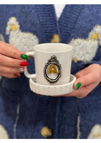 200ML Kişiye Özel Çerçeve Harfli Çay Kahve Kupası Altlığı ile