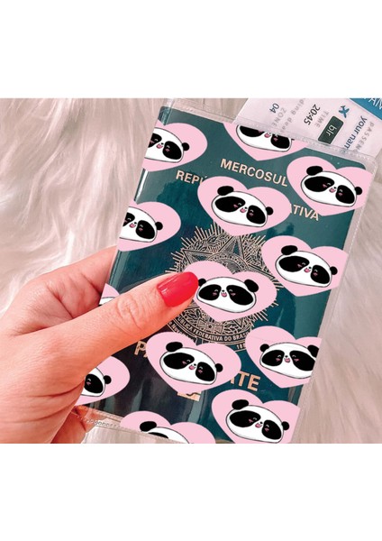 Tüm Ülke Pasaportları ile Uyumlu Şeffaf Pvc Baskılı Cepli Pasaport Kılıfı Kabı - Kalpli Panda