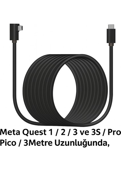 Link Cable Kablosu 3 Metre – Pcvr Uyumlu Type-C To Type-C Kablo | Meta Quest 3 / 3s / Quest 2 / Pro / Pico 4 / Steamvr Yüksek Hızlı Pc Veri Aktarım Kablosu