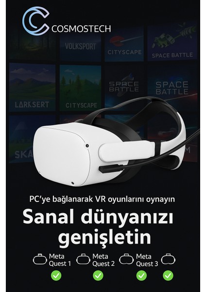 Link Cable Kablosu 3 Metre – Pcvr Uyumlu Type-C To Type-C Kablo | Meta Quest 3 / 3s / Quest 2 / Pro / Pico 4 / Steamvr Yüksek Hızlı Pc Veri Aktarım Kablosu modelleri