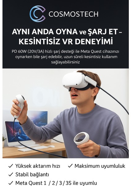 Link Cable Kablosu 3 Metre – Pcvr Uyumlu Type-C To Type-C Kablo | Meta Quest 3 / 3s / Quest 2 / Pro / Pico 4 / Steamvr Yüksek Hızlı Pc Veri Aktarım Kablosu indirimleri