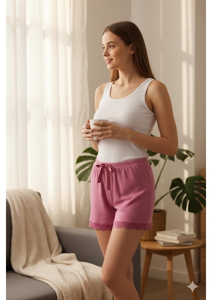 Bambu Fitilli Kadın Ev Şortu Bacak Dantel Detaylı Ev Giyim Fuşya modelleri