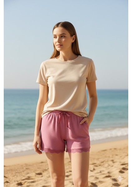 Bambu Fitilli Kadın Ev Şortu Bacak Dantel Detaylı Ev Giyim Fuşya fırsatları