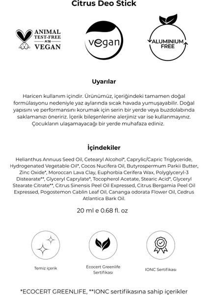 Kozmetik %100 Doğal Deo Stick / Roll On Nemlendirici Etkili - 20 ml - Citrus