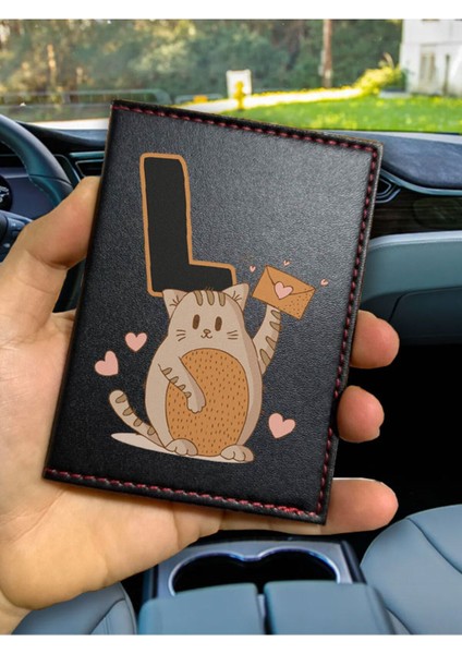Ruhsat Kılıfı Deri Dikişli Desenli Oto Araba Motor Ruhsat Kabı Kılıfı L Harfi Kedili