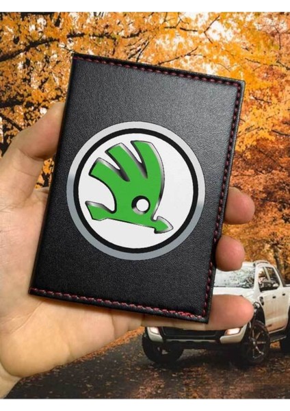 Skoda Desenli Ruhsat Kabı Logolu Oto Ruhsat Kılıfı Vinleks Deri Dikişli Araç Ruhsat Koruyucu