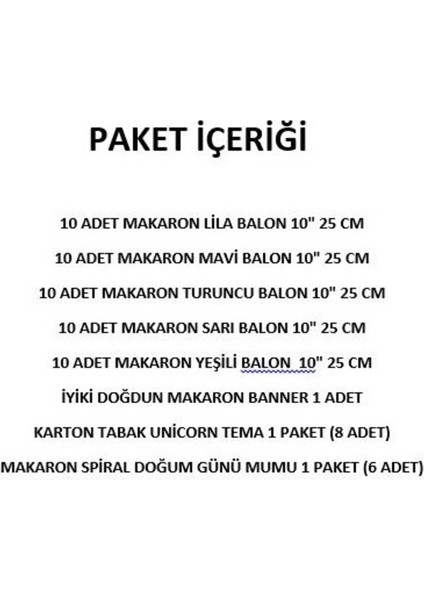 Unicorn Konsept Parti Seti – Makaron Balon 50’li + Banner + Unicorn Tabak + Spiral Makaron Mum modelleri