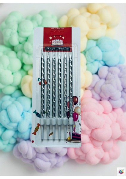 Burgulu Gümüş Renk Pasta Mum 6'lı 15 cm