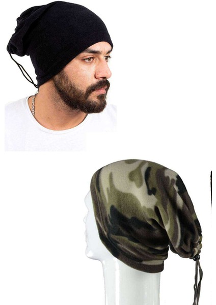 2 Adet Polar Ipli Bere ve Boyunluk Siyah Kamuflaj