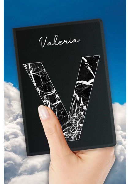 Isim Yazılı Pasaport Kılıfı Desenli Pasaport Kabı Kişiye Özel - V Harfi Mermer