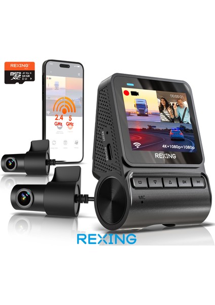 Rh2 3 Kameralı (4K+1080P+1080P) Wifi Araç Kamerası + 64GB Sd Kart