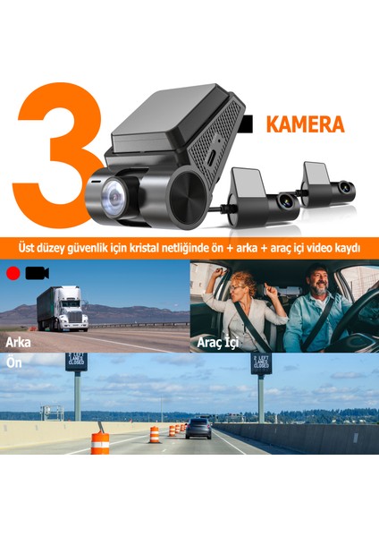 Rh2 3 Kameralı (4K+1080P+1080P) Wifi Araç Kamerası + 64GB Sd Kart fırsatları