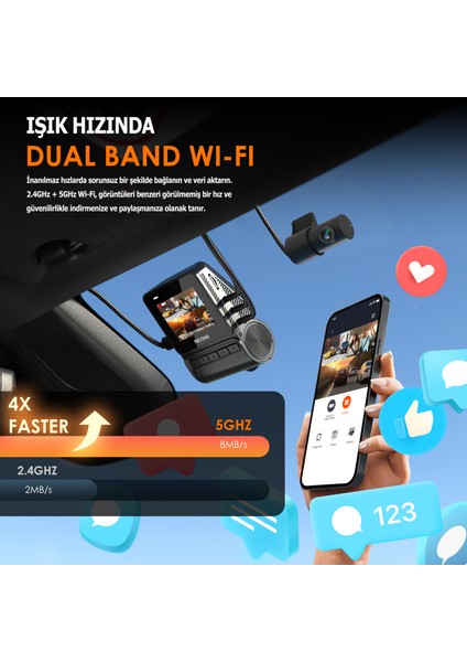 Rh2 3 Kameralı (4K+1080P+1080P) Wifi Araç Kamerası + 64GB Sd Kart