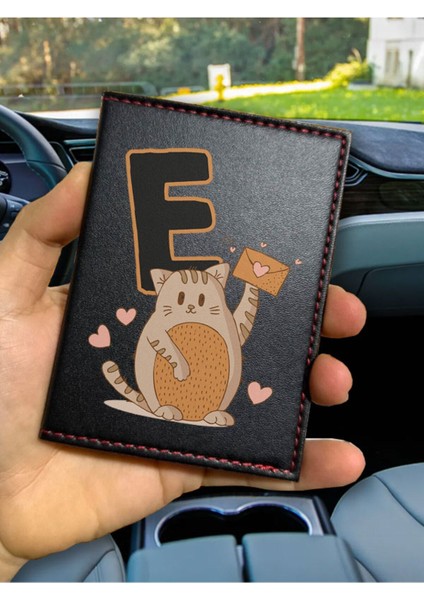 Ruhsat Kılıfı Deri Dikişli Desenli Oto Araba Motor Ruhsat Kabı Kılıfı E Harfi Kedili