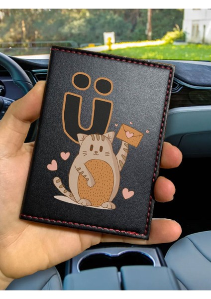 Ruhsat Kılıfı Deri Dikişli Desenli Oto Araba Motor Ruhsat Kabı Kılıfı Ü Harfi Kedili