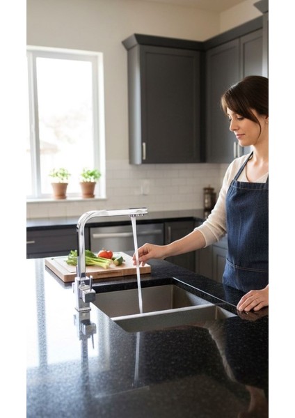 KROM Kare Lux Arıtma Çıkışlı 3 Yollu Mutfak Eviye Bataryası fiyatları