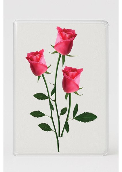 Şeffaf Pasaport Kılıfı Kalın Mikron Kart Bölmeli Desenli Pasaport Kabı - Gül