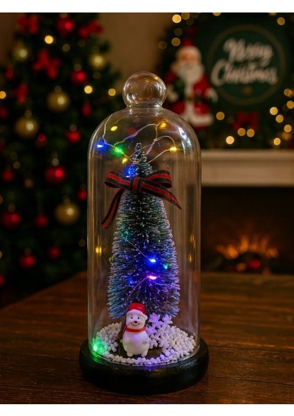 YILBAŞI 20 cm Işıklı Yılbaşı Ağacı Cam Fanus-Mini Yılbaşı Ağacı Işık Fanusu-Yılbaşı Hediyesi