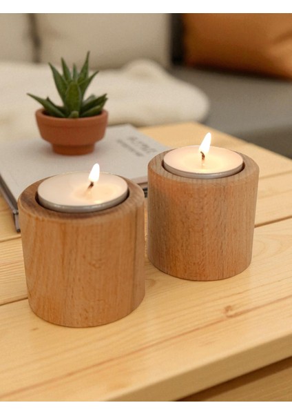 Ahşap Doğal Dekoratif Mumluk Şamdan 2'li Silindir Takım