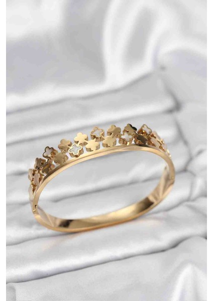 316L Çelik Gold Renk Minimal Yoncalı Kadın Kelepçe Bileklik