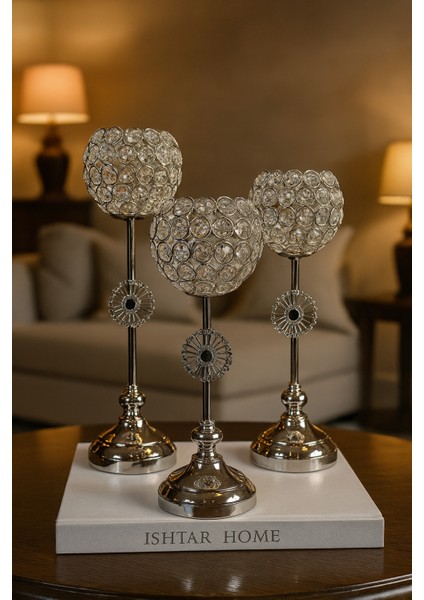 Dekoratif 3'lü Petek Şamdan - Gümüş