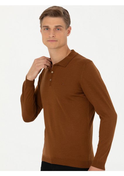 Erkek Kahverengi Slim Fit Polo Yaka Basic Triko Kazak 50270169-VR029