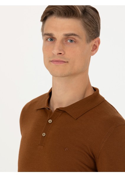 Erkek Kahverengi Slim Fit Polo Yaka Basic Triko Kazak 50270169-VR029 fiyatları